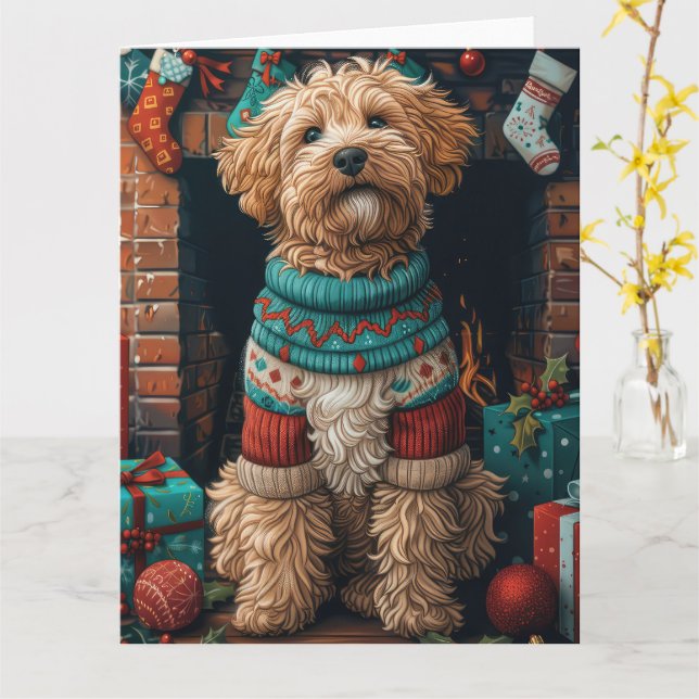 Carte Bernedoodle chien avec les cadeaux de Noël cheminé (Fleur jaune)