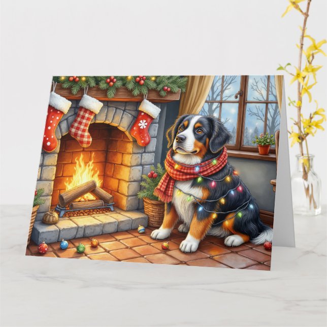 Carte Bernese Mountain Fireplace with Christmas Lights (Fleur jaune)