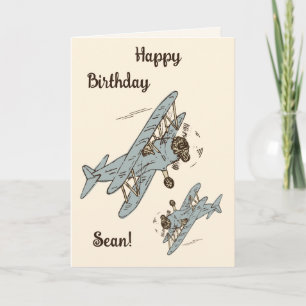 Carte Bi-plans Art Déco - bleu Joyeux Anniversaire + nom