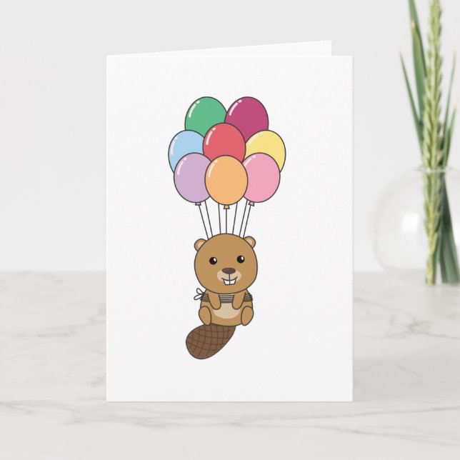Carte Biber S'Envole Avec Des Ballons Colorés (Devant)