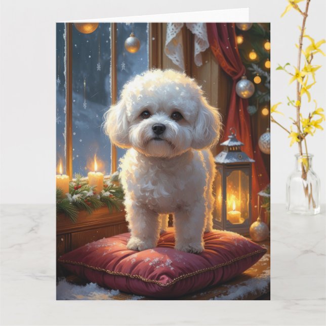 Carte Bichon Frise Avec Les Lumières De Noël (Fleur jaune)