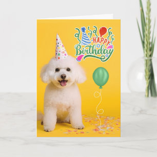 Carte Bichon Frise en chapeau de fête sur anniversaire j