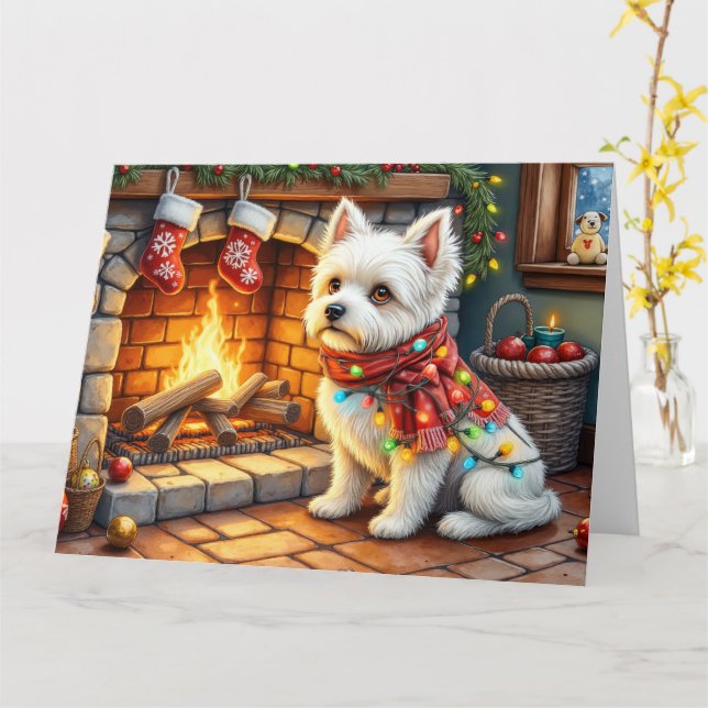 Carte Bichon Frise Fireplace with Christmas Lights (Fleur jaune)