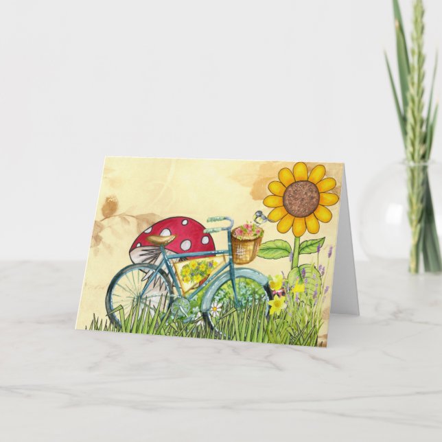 Carte Bicyclette bleu Tournesol rouge Champagne Oiseau j (Devant)