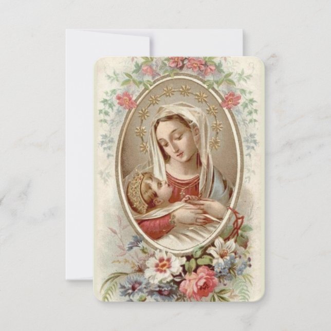 Carte Bienheureuse Vierge Marie avec Bébé Jésus & Fleurs (Devant)