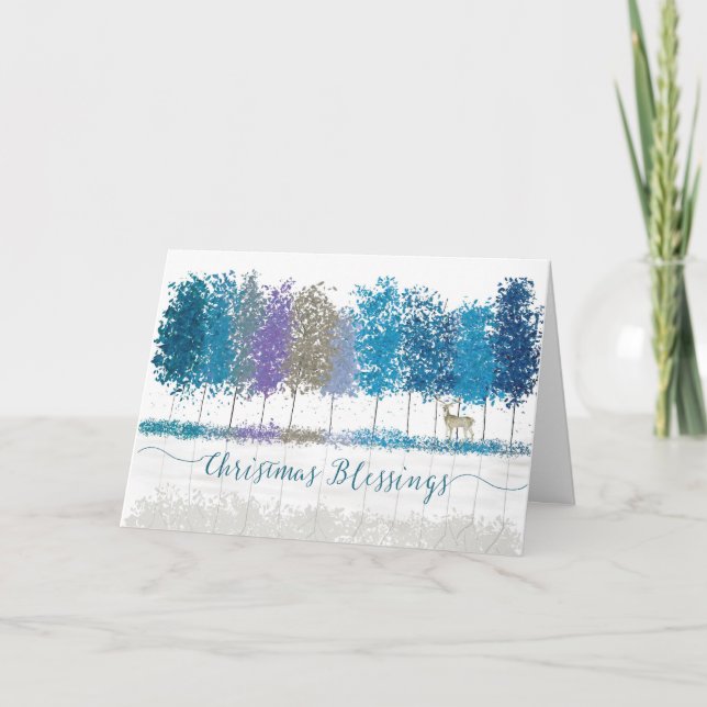 Carte Bienheureux religieux de Noël Arbres bleus et cerf (Devant)