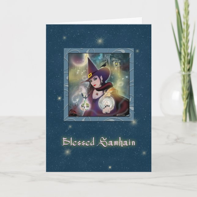 Carte Bienheureux Samhain - Sorcière Bleue Étincelle (Devant)