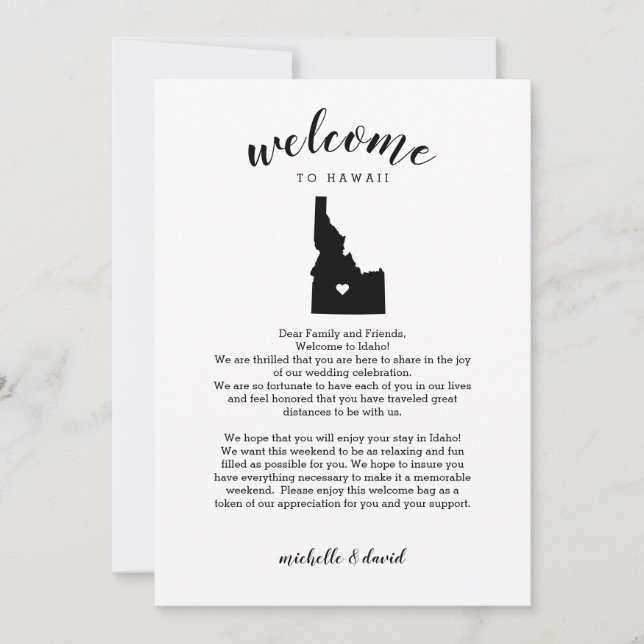 Carte Bienvenue à Idaho | Lettre Mariage et itinéraire (Devant)