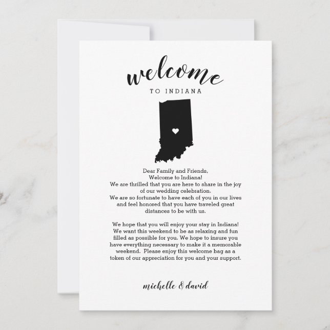 Carte Bienvenue à Indiana | Lettre Mariage et itinéraire (Devant)