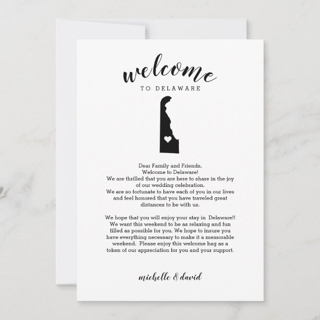 Carte Bienvenue au Delaware | Lettre Mariage et itinérai (Devant)