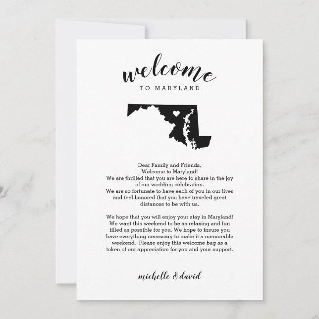 Carte Bienvenue au Maryland | Lettre Mariage et itinérai (Devant)