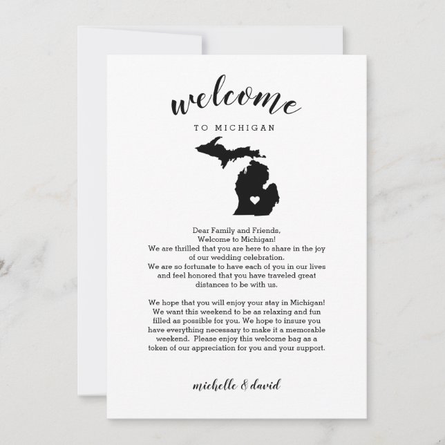 Carte Bienvenue au Michigan | Lettre Mariage et itinérai (Devant)