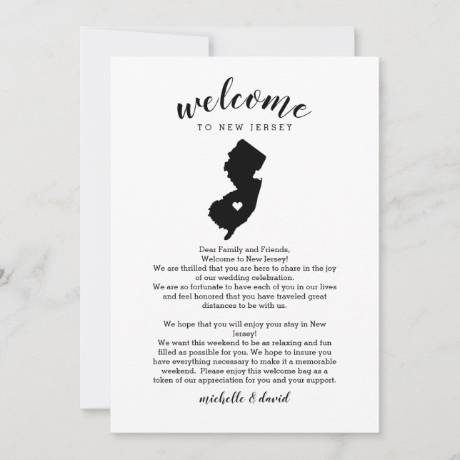 Carte Bienvenue au New Jersey | Lettre Mariage et itinér (Devant)