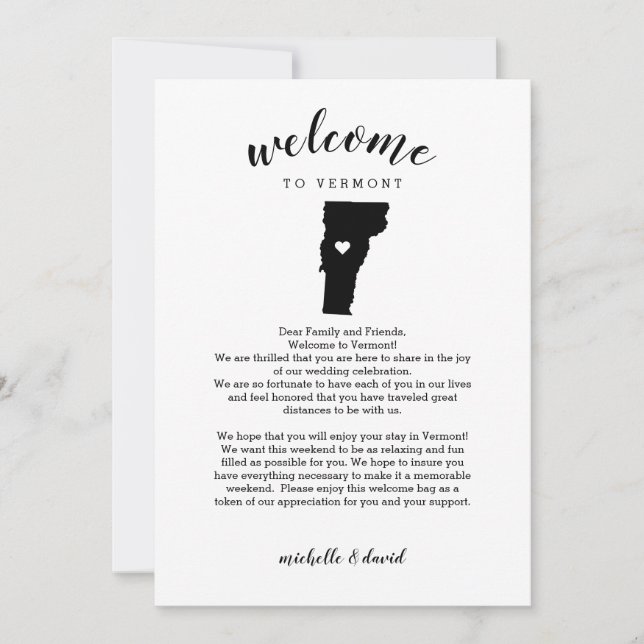 Carte Bienvenue au Vermont | Lettre Mariage et itinérair (Devant)