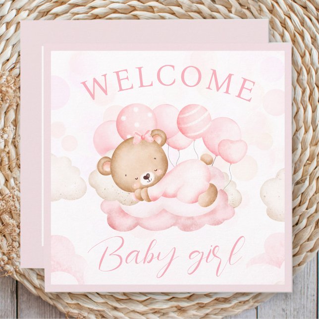 Carte Bienvenue Baby Girl Name Personnalisé Pink Bear Ca (Welcome Baby Girl Name Personalized Pink Bear Card)