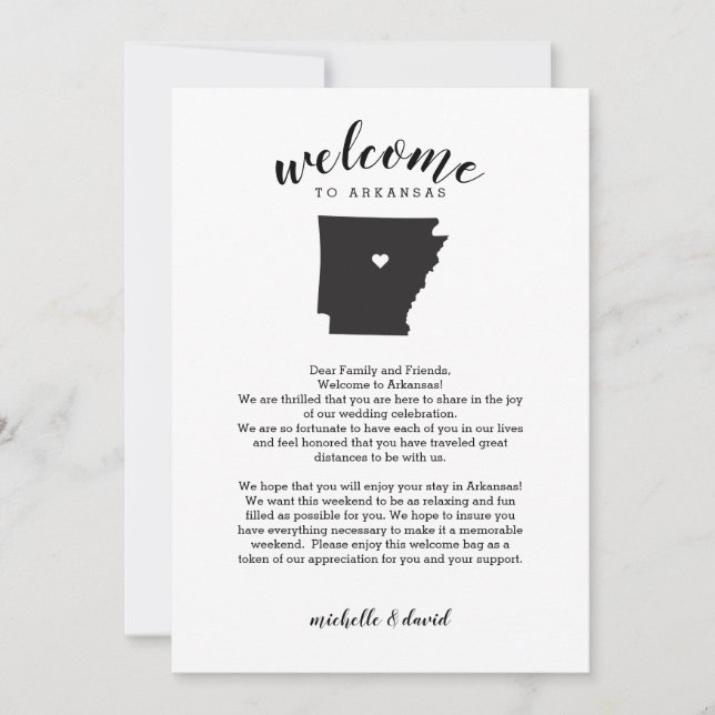 Carte Bienvenue en Arkansas | Lettre Mariage et itinérai (Devant)