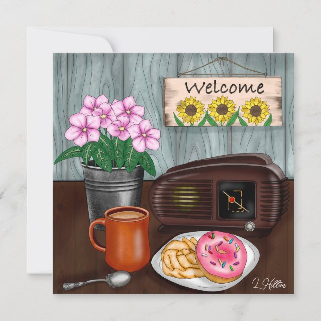 Carte Bienvenue, tournesols, beignets et café (Devant)