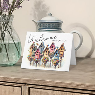 Carte Bienvenue Voisin Charme Rustique Birdhouse Pastel