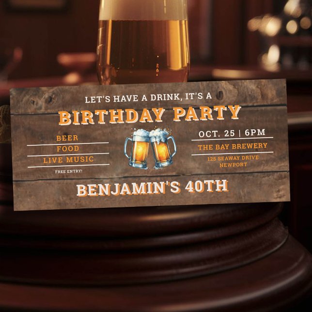 Carte Bière Brasserie à thème Rustic Hommes 40e annivers (men's 40th birthday party invitation beer themed brewery backyard oktoberfest wood)