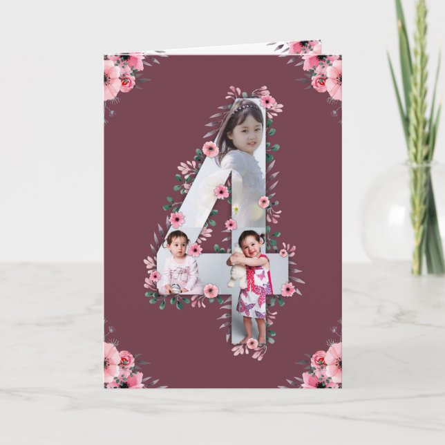 Carte Big 4th Birthday Girl Photo Collage Fleur rose (Devant)