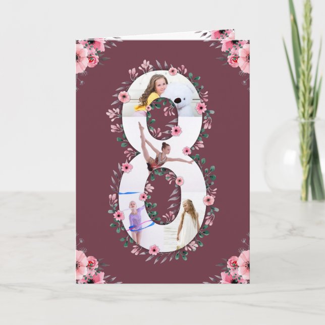 Carte Big 8th Birthday Girl Photo Collage Fleur rose (Devant)