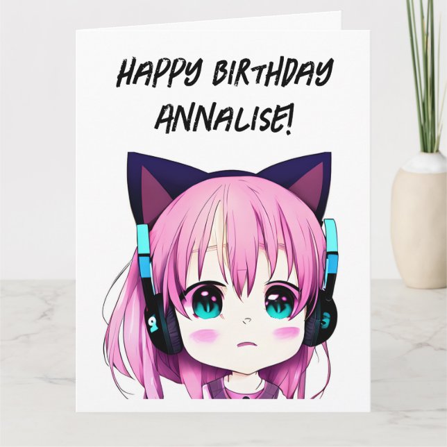 Carte Big Anime Girl avec casque Chat Oreilles Anniversa (Devant)