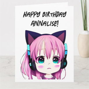 Carte Big Anime Girl avec casque Chat Oreilles Anniversa