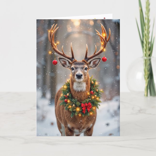 Carte Big Buck Wearing a Glowing Christmas Wreath (Devant)