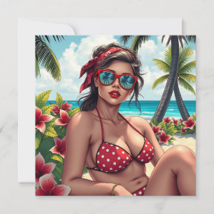 Carte Bikini rouge, lunettes de soleil et blond de la fe
