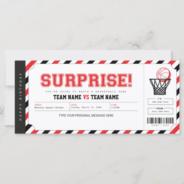Carte Billet cadeau personnalisé pour le jeu de basket-b (Devant)