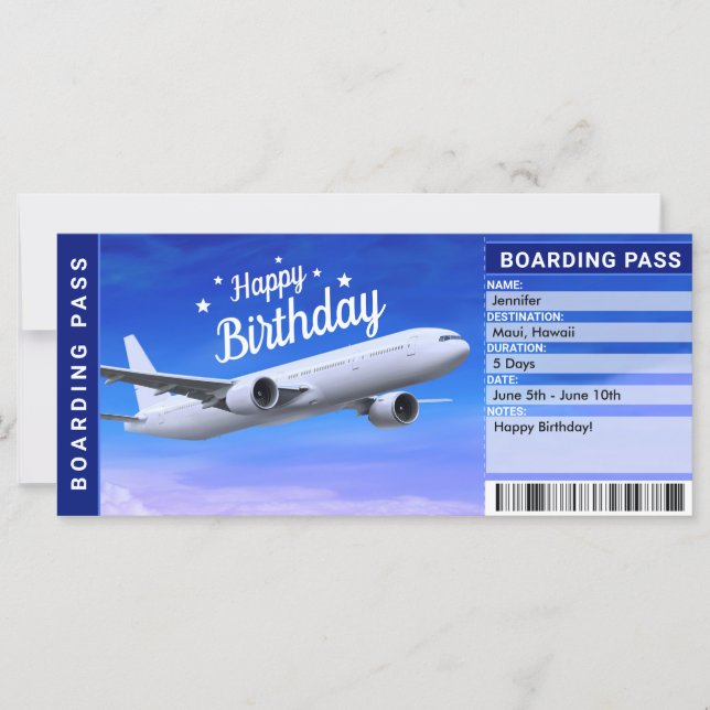 Carte Billet cadeau pour forfait d'anniversaire surprise (Devant)