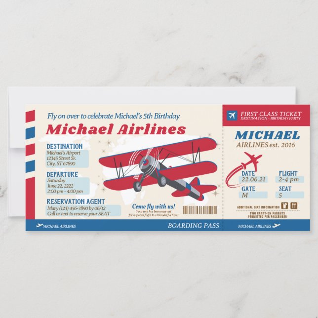 Carte Billet d'avion Passe d'embarquement Style Invitati (Devant)
