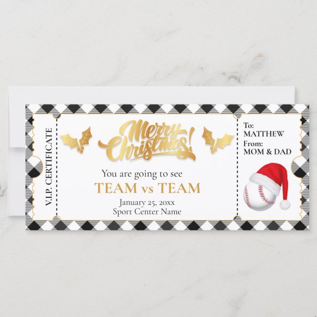 Carte Billet de baseball de Noël, Billet cadeau surprise (Devant)