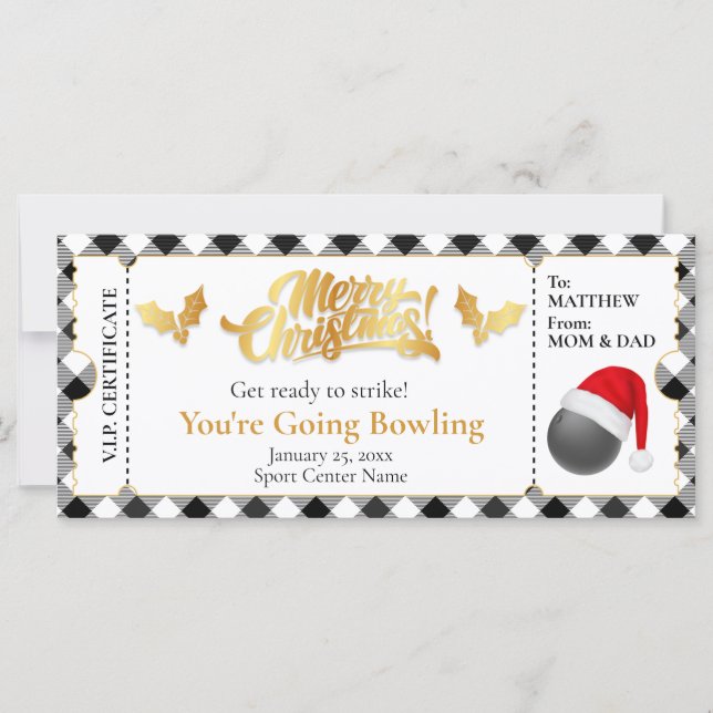 Carte Billet de bowling de Noël, bon cadeau surprise (Devant)