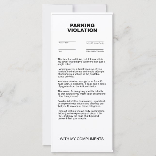 Carte Billet de violation de faux stationnement (Devant)