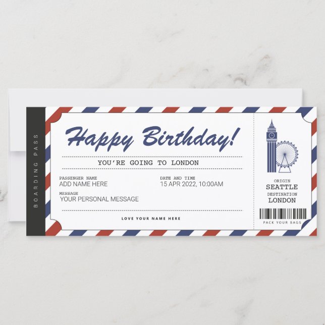 Carte Billet de voyage Surprise London Trip Boarding Pas (Devant)