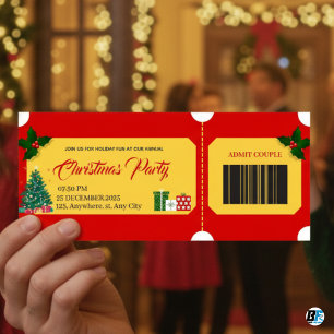Carte Billet d'entrée de fête de Noël en rouge et jaune