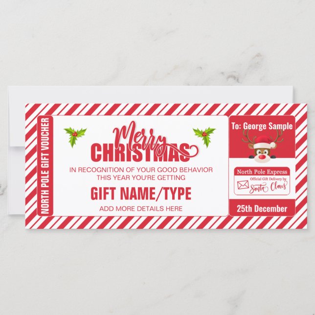 Carte Billet Reindeer de Noël, Carte-cadeau/bon (Devant)