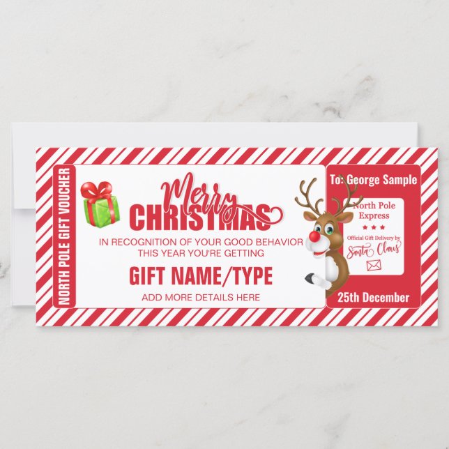 Carte Billet Reindeer de Noël, Carte-cadeau/bon (Devant)