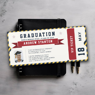 Carte Billet Sport Bleu Rouge Photo Graduation Invitatio
