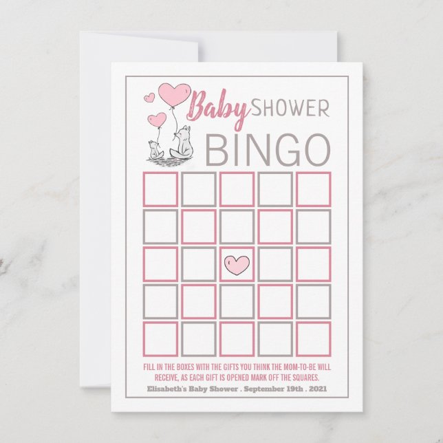 Carte Bingo du Baby shower Fox Hearts (Devant)