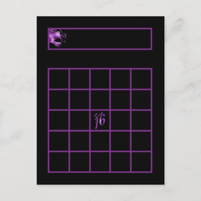 Carte Bingo Écrite Sweet 16 violet Lilac noir (Devant)