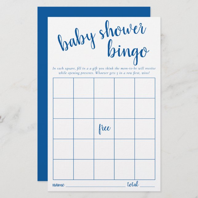 Carte Bingo simple | Jeu de Baby shower bleu class (Devant / Derrière)