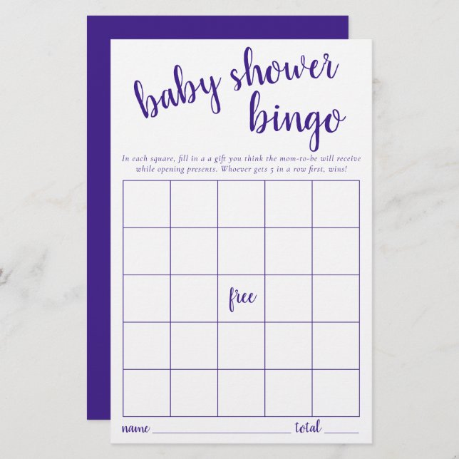 Carte Bingo simple | Jeu de Baby shower pourpre (Devant / Derrière)