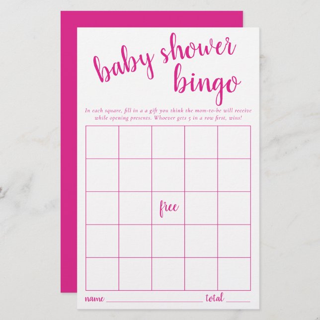 Carte Bingo simple | Jeu de Baby shower rose chaud (Devant / Derrière)