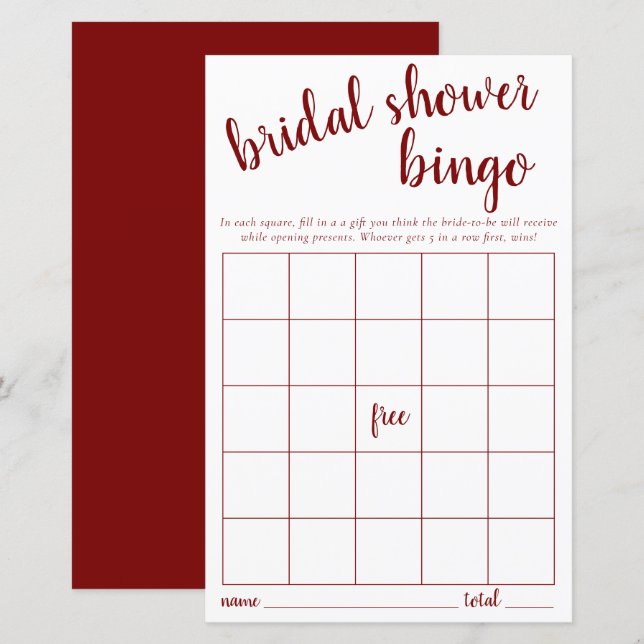 Carte Bingo simple | Jeu de Fête des mariées blanc (Devant / Derrière)