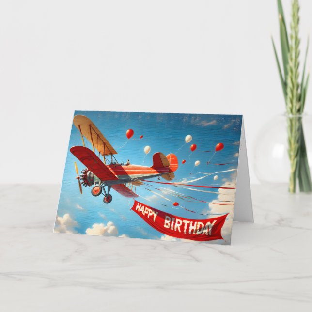 Carte Biplane vintage avec bannière d'anniversaire (Devant)