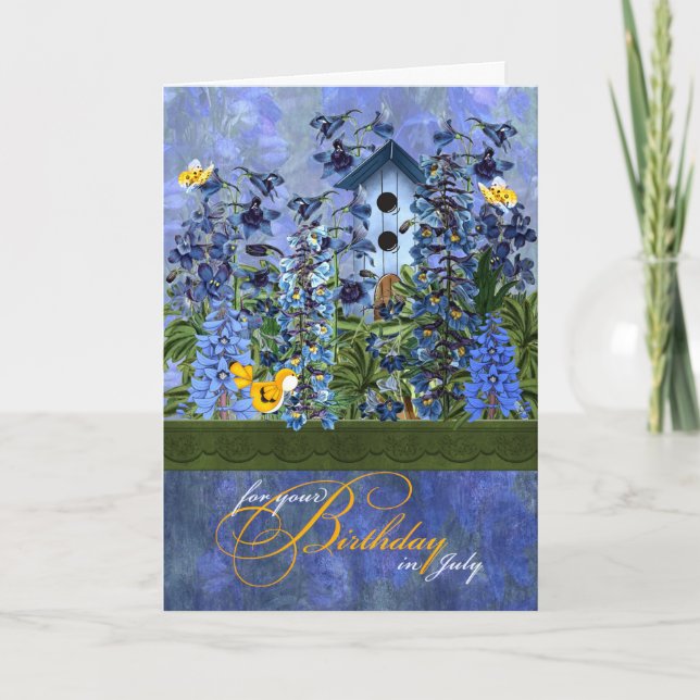Carte Birdhouse dans un jardin de Larkspur pour juillet  (Devant)