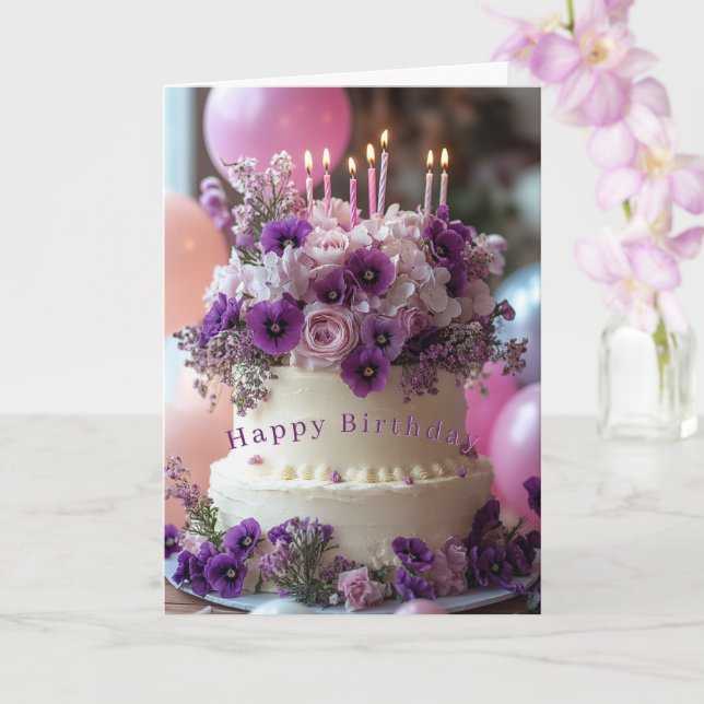 Carte Birthday Cake Purple Pansies Hydrangea Birthday (Orchidée)