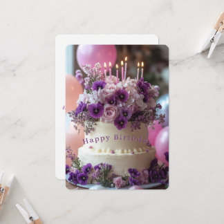 Carte Birthday Cake Purple Pansies Hydrangea Birthday